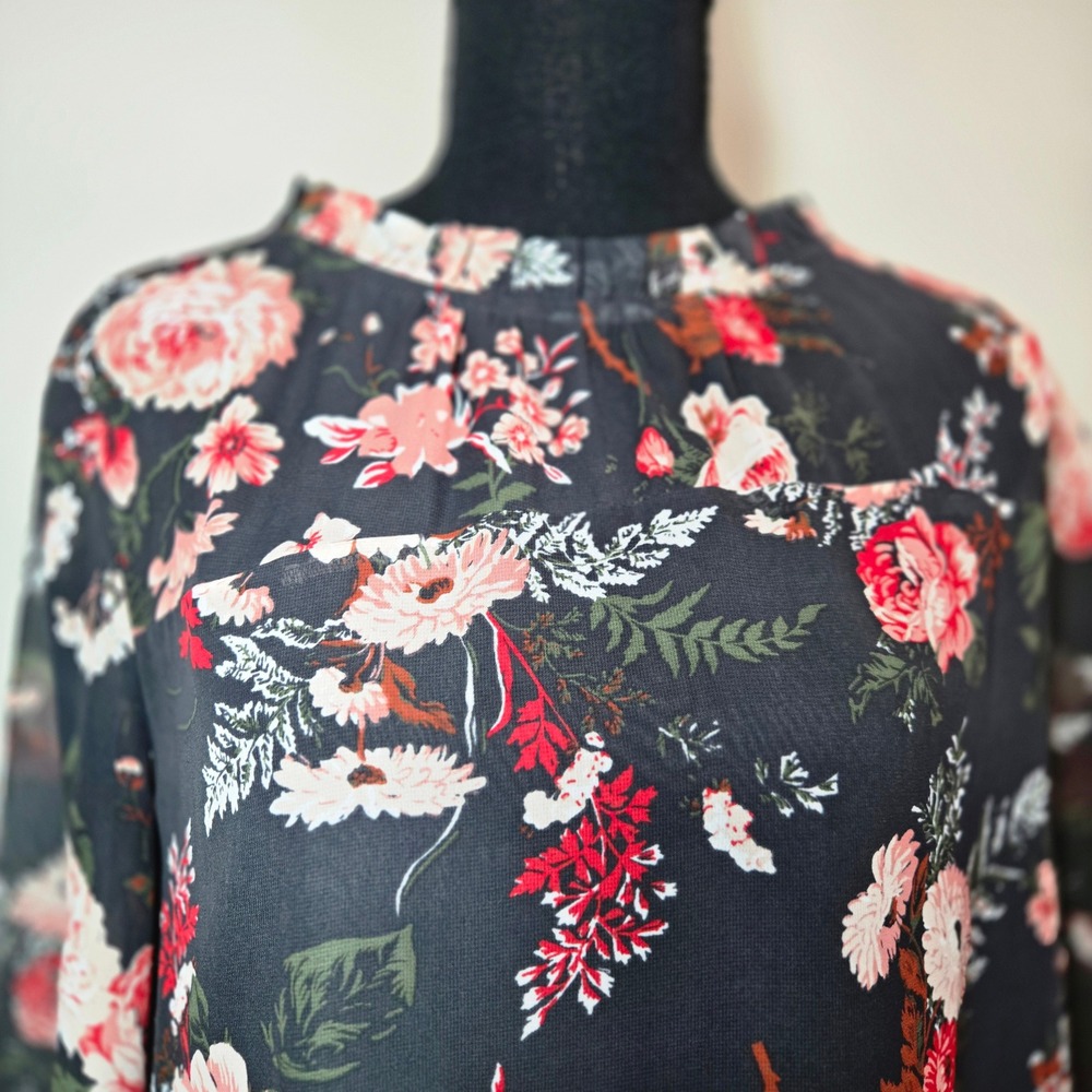 Loft Outlet Floral Shift Dress Womens 6 Black Ruffle Neck Long Sleeve (D10) - Picture 5 of 11